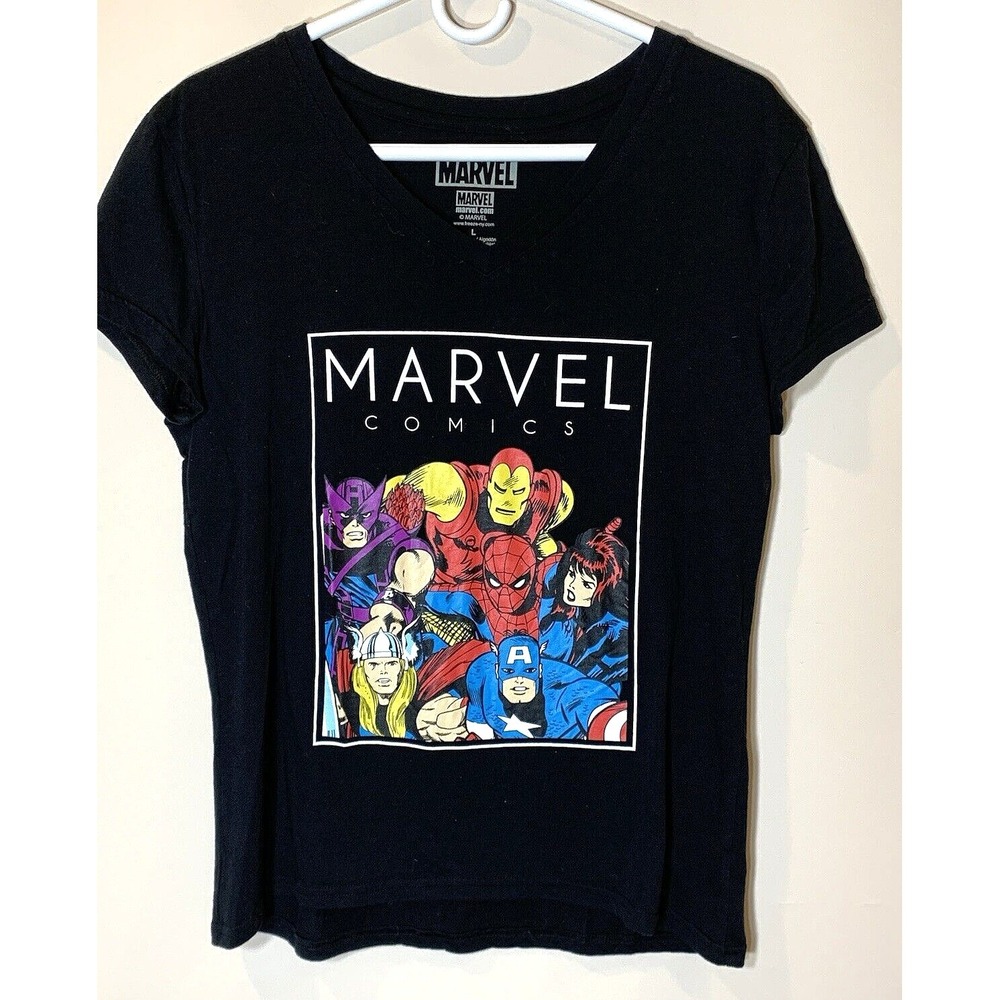 Marvel Comics T-Shirt Womens Large Black V-Neck Short Sleeve Fitted Cotton Blend